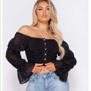 NWT Parisian Off Shoulder Ruched Sheer Top Womens 8 Black Romantic Coquette